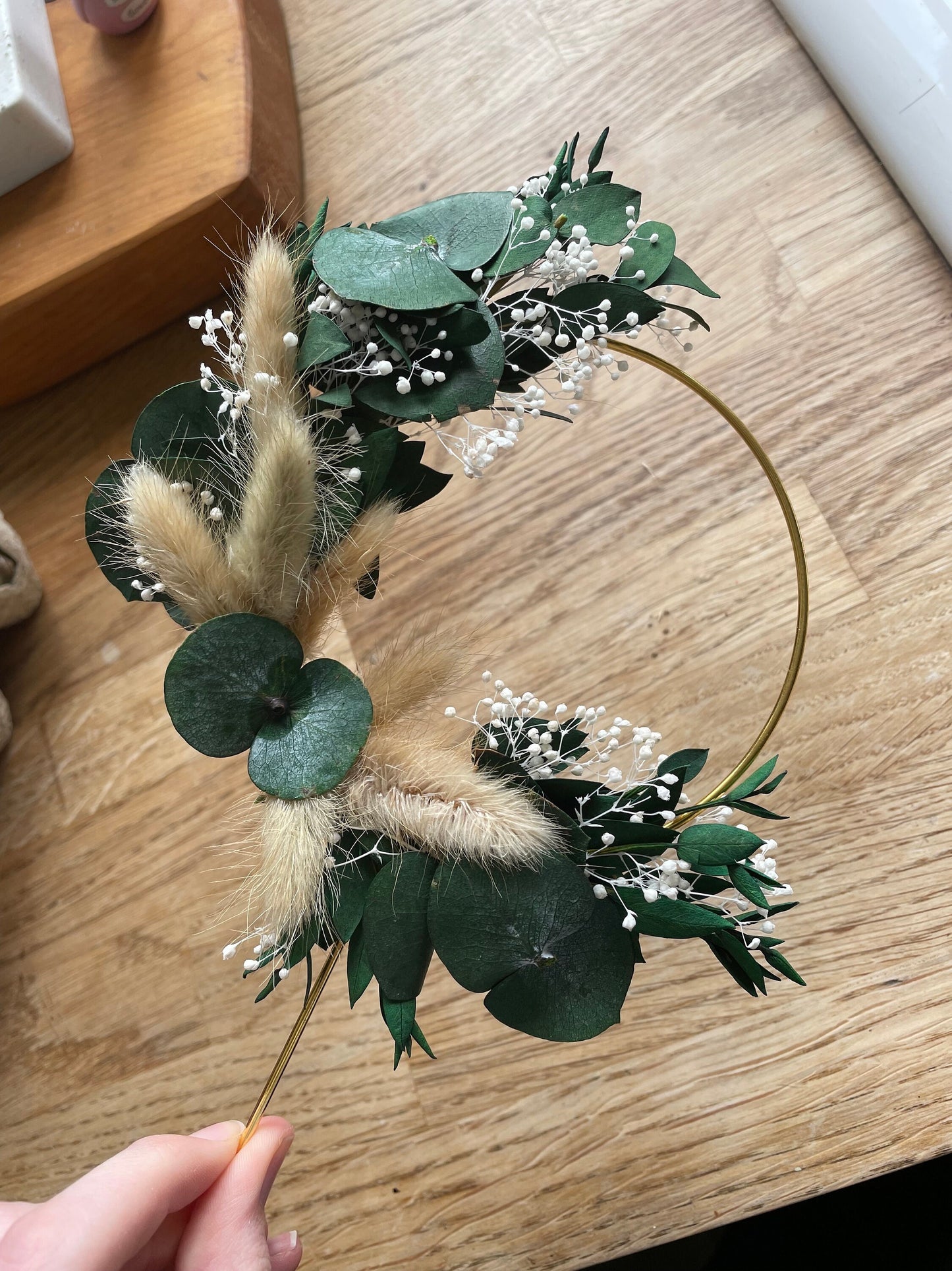 Eucalyptus Cake Topper, Dried Flower Cake Hoop, Wreath Cake Topper, 4 inch Green Beige Gold Topper, Wedding cake topper, Cake Decorations