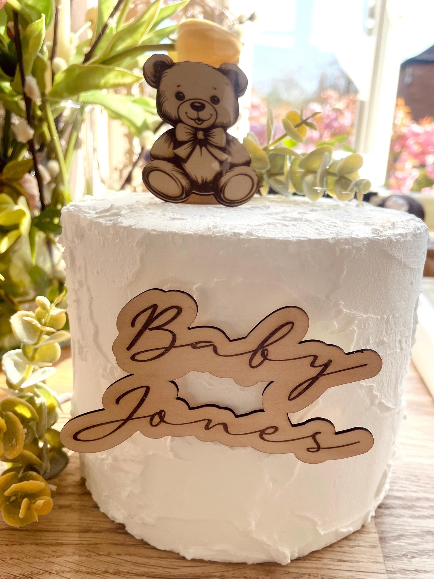 Baby shower/ gender reveal cake toppers, Teddy bear cake topper, Wooden personalised cake topper- set of 2