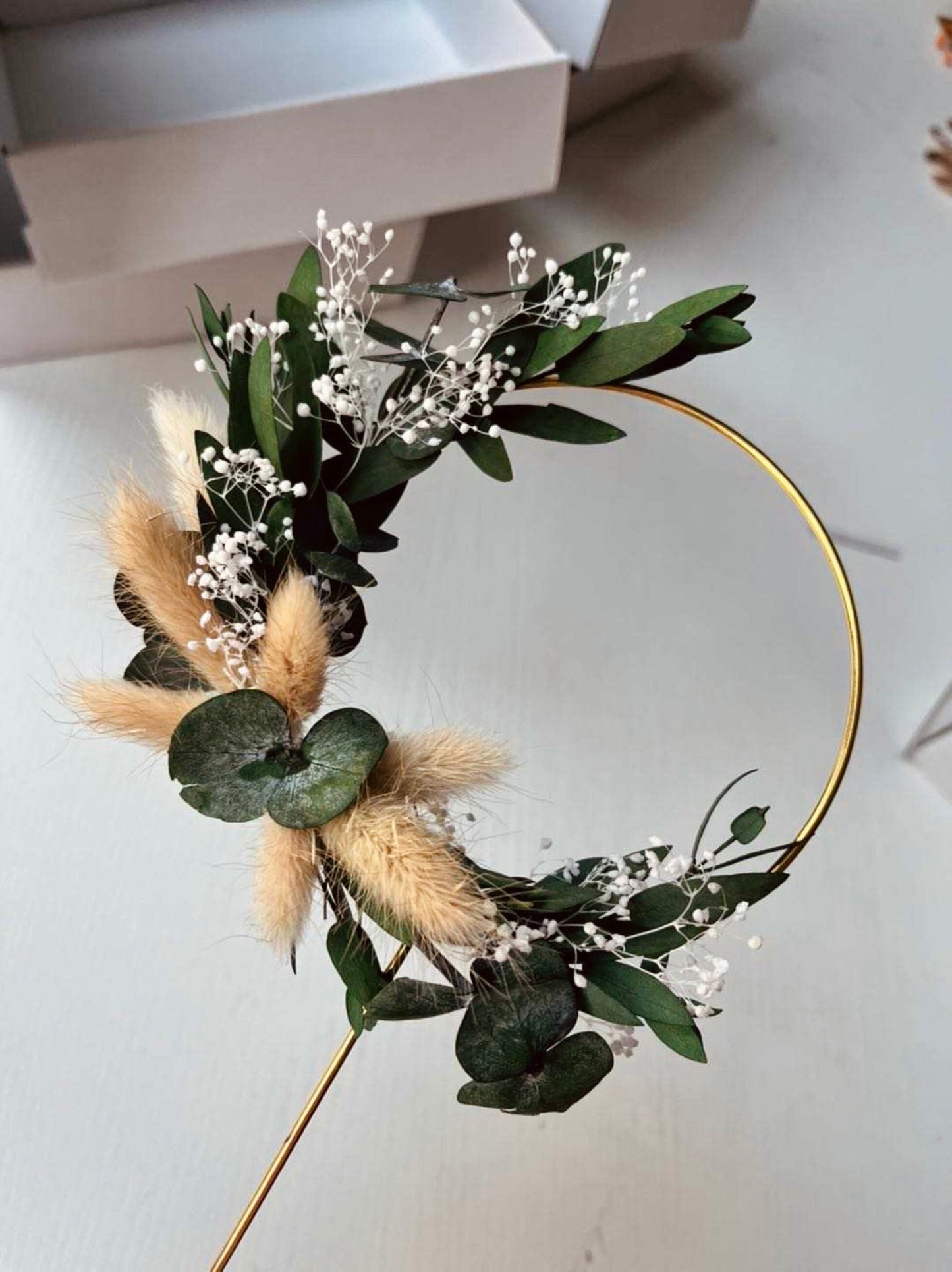 Eucalyptus Cake Topper, Dried Flower Cake Hoop, Wreath Cake Topper, 4 inch Green Beige Gold Topper, Wedding cake topper, Cake Decorations