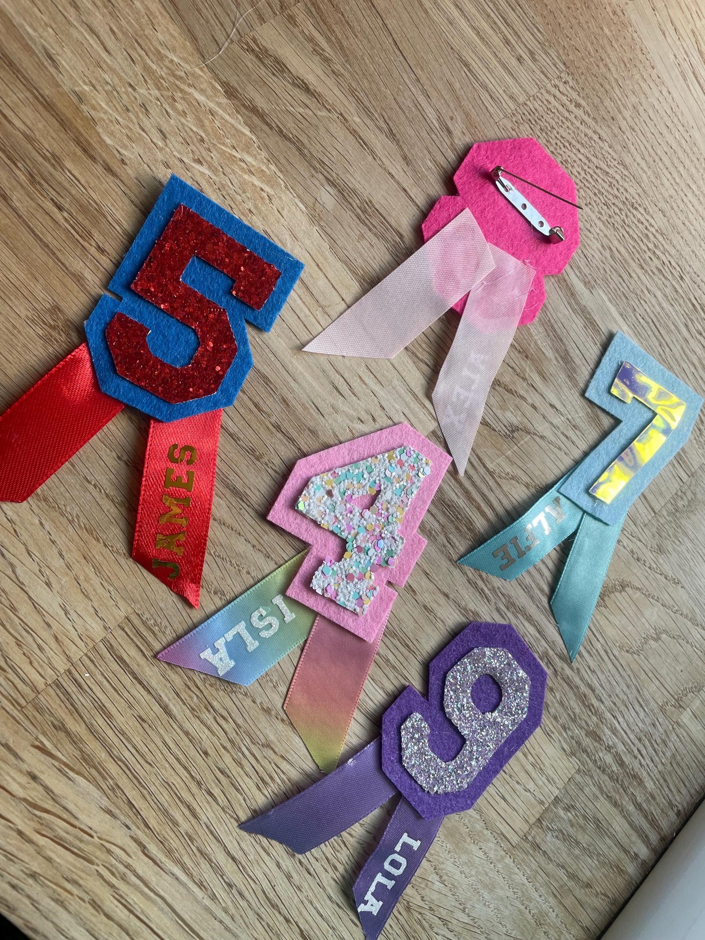 Birthday Badges, Custom number/ name kids birthday badges, glitter felt children’s pin badge