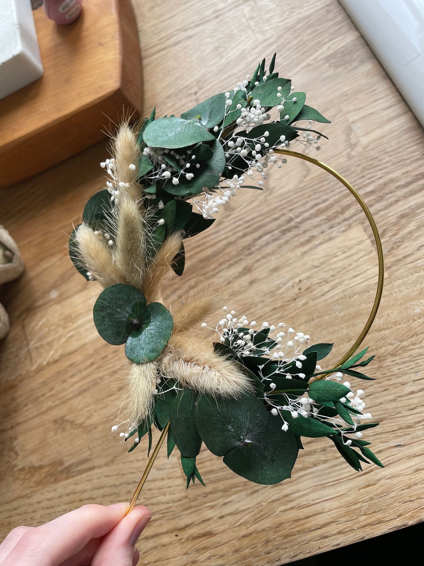 Eucalyptus Cake Topper, Dried Flower Cake Hoop, Wreath Cake Topper, 4 inch Green Beige Gold Topper, Wedding cake topper, Cake Decorations